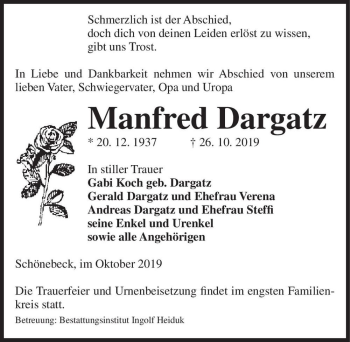 Traueranzeige von Manfred Dargatz  von Magdeburger Volksstimme