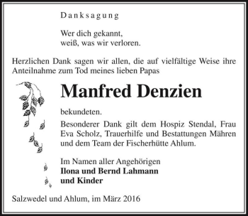 Traueranzeige von Manfred Denzien  von Magdeburger Volksstimme