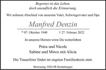 Traueranzeige von Manfred Denzin  von Magdeburger Volksstimme