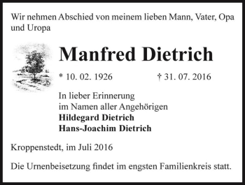 Traueranzeige von Manfred Dietrich  von Magdeburger Volksstimme