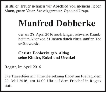 Traueranzeige von Manfred Dobberke  von Magdeburger Volksstimme
