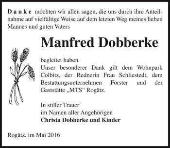 Traueranzeige von Manfred Dobberke  von Magdeburger Volksstimme