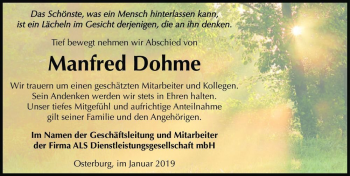 Traueranzeige von Manfred Dohme  von Magdeburger Volksstimme