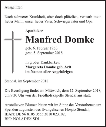 Traueranzeige von Manfred Domke  von Magdeburger Volksstimme