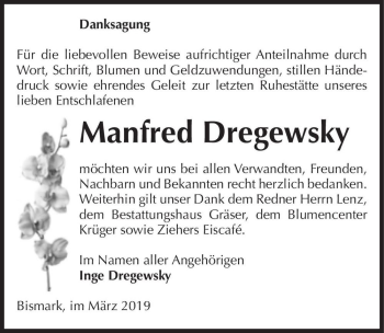 Traueranzeige von Manfred Dregewsky  von Magdeburger Volksstimme