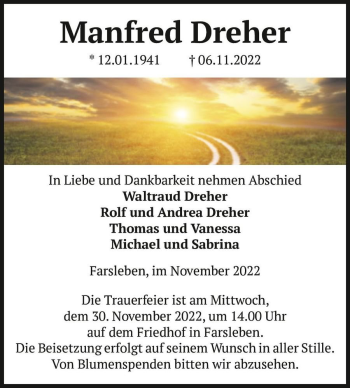 Traueranzeige von Manfred Dreher  von Magdeburger Volksstimme