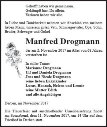 Traueranzeige von Manfred Drogmann  von Magdeburger Volksstimme