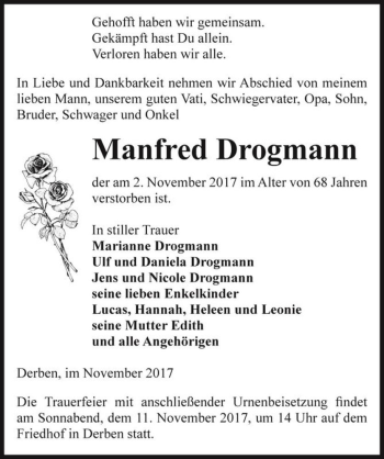 Traueranzeige von Manfred Drogmann  von Magdeburger Volksstimme