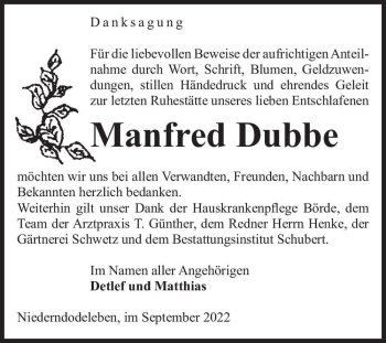 Traueranzeige von Manfred Dubbe  von Magdeburger Volksstimme