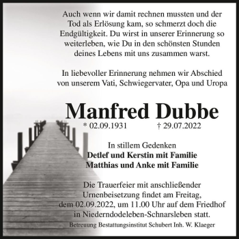 Traueranzeige von Manfred Dubbe  von Magdeburger Volksstimme