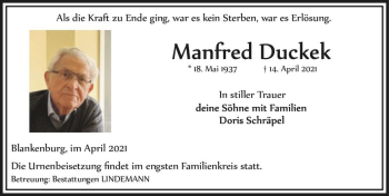 Traueranzeige von Manfred Duckek  von Magdeburger Volksstimme