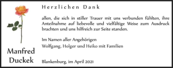 Traueranzeige von Manfred Duckek  von Magdeburger Volksstimme