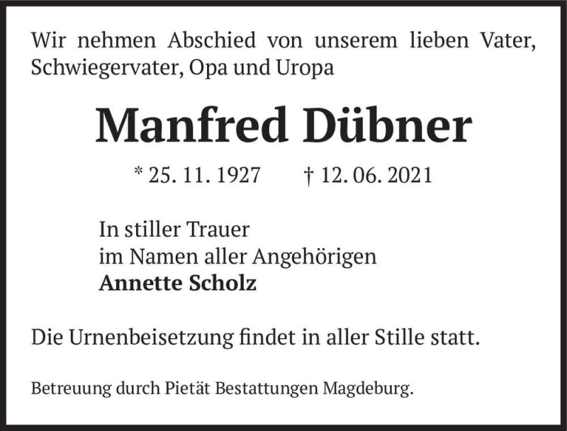  Traueranzeige für Manfred Dübner  vom 19.06.2021 aus Magdeburger Volksstimme