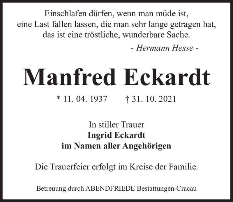  Traueranzeige für Manfred Eckardt  vom 13.11.2021 aus Magdeburger Volksstimme