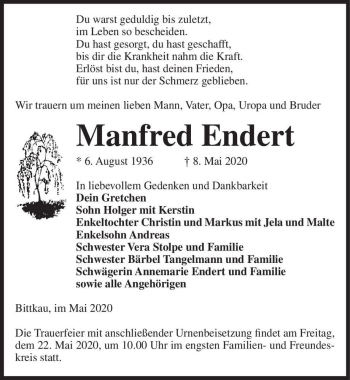 Traueranzeige von Manfred Endert  von Magdeburger Volksstimme