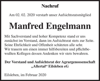 Traueranzeige von Manfred Engelmann  von Magdeburger Volksstimme