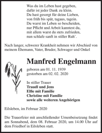Traueranzeige von Manfred Engelmann  von Magdeburger Volksstimme