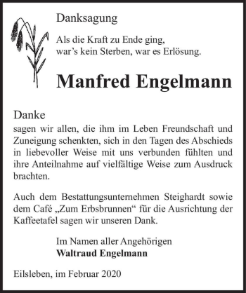 Traueranzeige von Manfred Engelmann  von Magdeburger Volksstimme