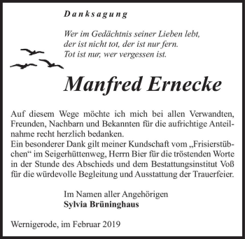 Traueranzeige von Manfred Ernecke  von Magdeburger Volksstimme