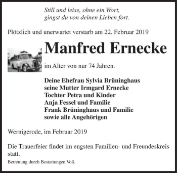 Traueranzeige von Manfred Ernecke  von Magdeburger Volksstimme