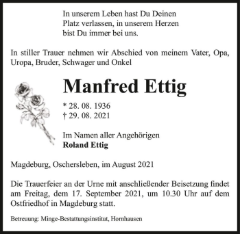 Traueranzeige von Manfred Ettig  von Magdeburger Volksstimme