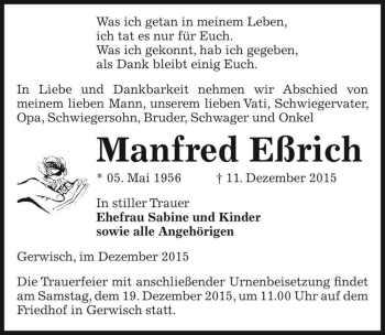 Traueranzeige von Manfred Eßrich  von Magdeburger Volksstimme