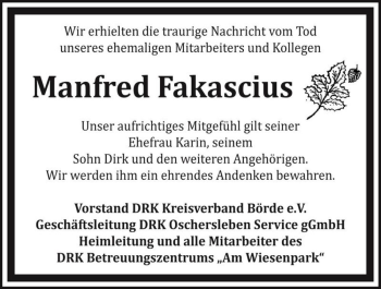 Traueranzeige von Manfred Fakascius  von Magdeburger Volksstimme