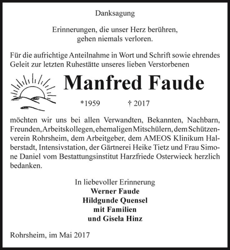  Traueranzeige für Manfred Faude  vom 20.05.2017 aus Magdeburger Volksstimme