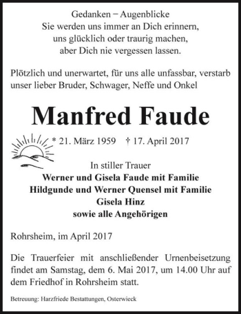 Traueranzeige von Manfred Faude  von Magdeburger Volksstimme