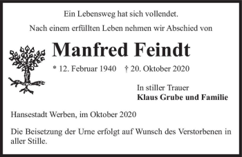 Traueranzeige von Manfred Feindt  von Magdeburger Volksstimme