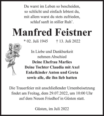 Traueranzeige von Manfred Feistner  von Magdeburger Volksstimme
