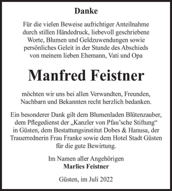 Traueranzeige von Manfred Feistner  von Magdeburger Volksstimme