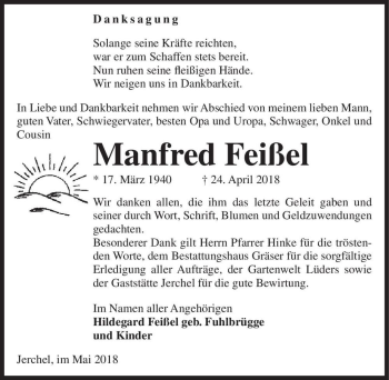 Traueranzeige von Manfred Feißel  von Magdeburger Volksstimme