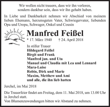 Traueranzeige von Manfred Feißel  von Magdeburger Volksstimme