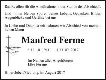 Traueranzeige von Manfred Ferme  von Magdeburger Volksstimme