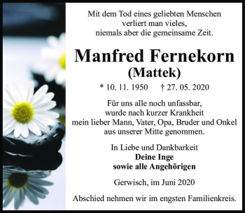 Traueranzeige von Manfred Fernekorn (Mattek)  von Magdeburger Volksstimme