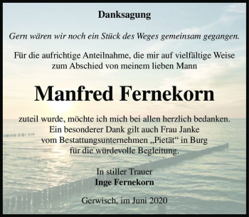 Traueranzeige von Manfred Fernekorn  von Magdeburger Volksstimme