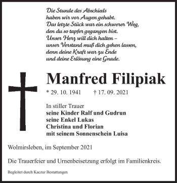Traueranzeige von Manfred Filipiak  von Magdeburger Volksstimme