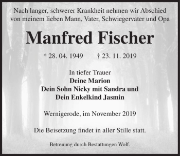 Traueranzeige von Manfred Fischer  von Magdeburger Volksstimme