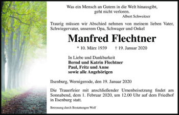 Traueranzeige von Manfred Flechtner  von Magdeburger Volksstimme