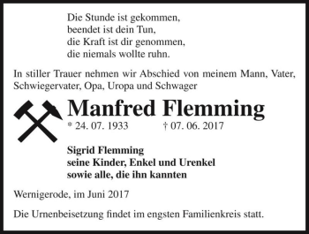 Traueranzeige von Manfred Flemming  von Magdeburger Volksstimme