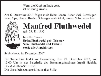 Traueranzeige von Manfred Fluthwedel  von Magdeburger Volksstimme