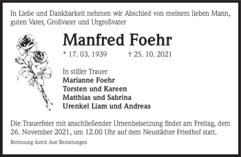 Traueranzeige von Manfred Foehr  von Magdeburger Volksstimme