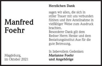 Traueranzeige von Manfred Foehr  von Magdeburger Volksstimme