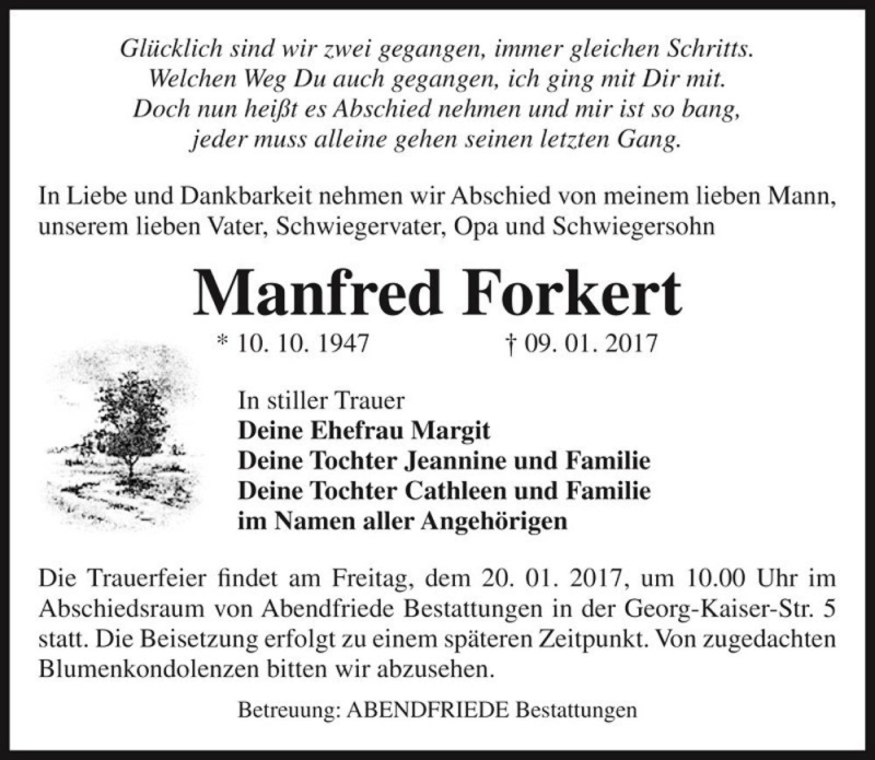  Traueranzeige für Manfred Forkert  vom 14.01.2017 aus Magdeburger Volksstimme