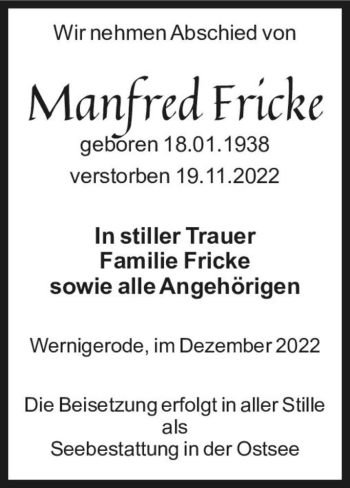 Traueranzeige von Manfred Fricke  von Magdeburger Volksstimme