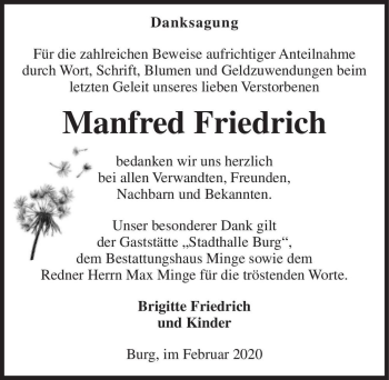 Traueranzeige von Manfred Friedrich  von Magdeburger Volksstimme