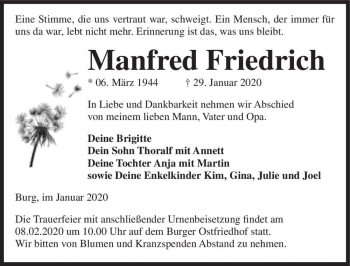 Traueranzeige von Manfred Friedrich  von Magdeburger Volksstimme