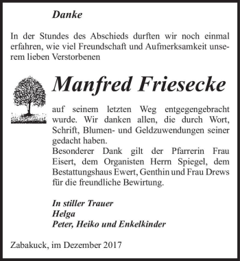 Traueranzeige von Manfred Friesecke  von Magdeburger Volksstimme