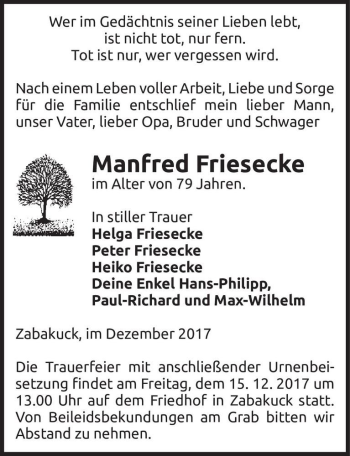 Traueranzeige von Manfred Friesecke  von Magdeburger Volksstimme